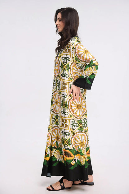 Sicilian Mosaic &amp; Citrus Print Maxi Kaftan Dress – Ivory V-Neck Bell Sleeve Gown