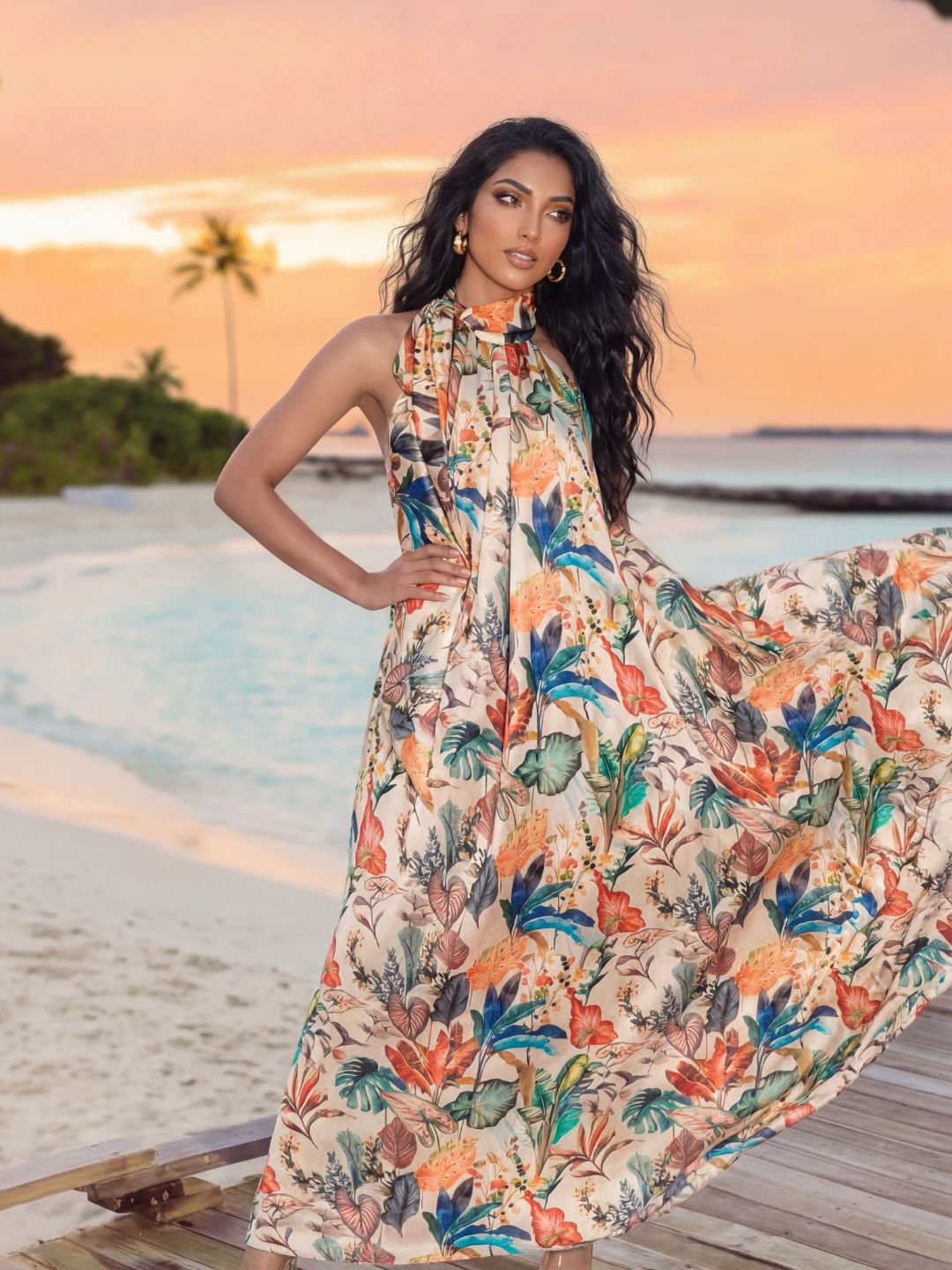 Tropical Floral Halter Maxi Dress - Elegant Satin Flowing Resort Wear for Summer Vacations and Beach Weddings