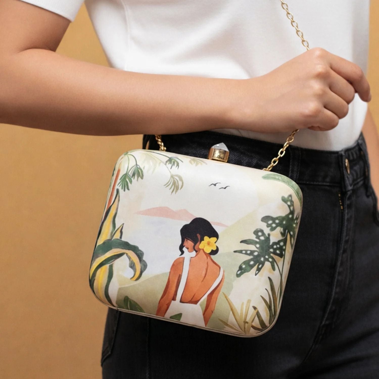 Tropical Paradise Print Hard Case Clutch Bag with Gold Chain