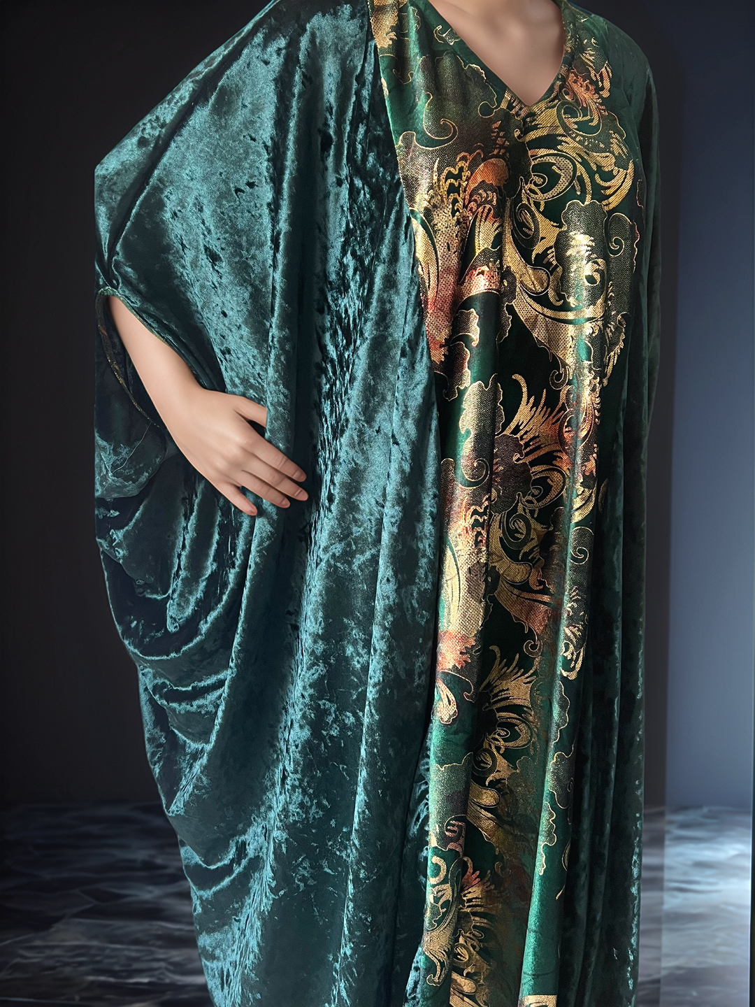 Elegant Green Velvet Kaftan Dress with Golden Embellishments