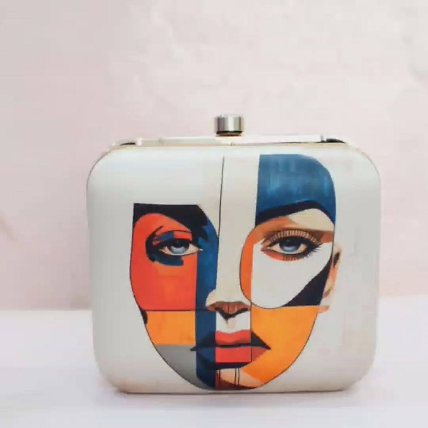 Abstract Cubist Face Print Hard Case Clutch Bag with Gold Chain