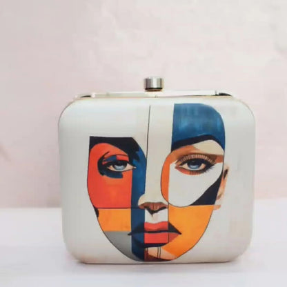 Abstract Cubist Face Print Hard Case Clutch Bag with Gold Chain