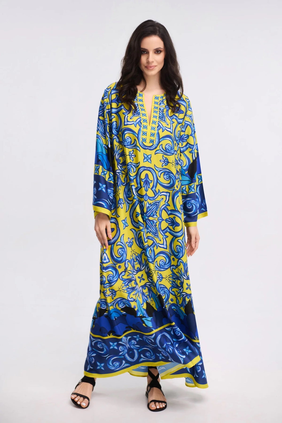 Yellow Blue Majolica Print Maxi Kaftan Dress – V-Neck Bell Sleeve Gown