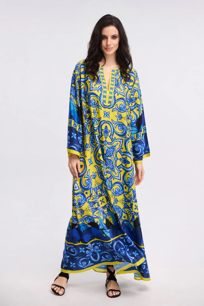 Yellow Blue Majolica Print Maxi Kaftan Dress – V-Neck Bell Sleeve Gown