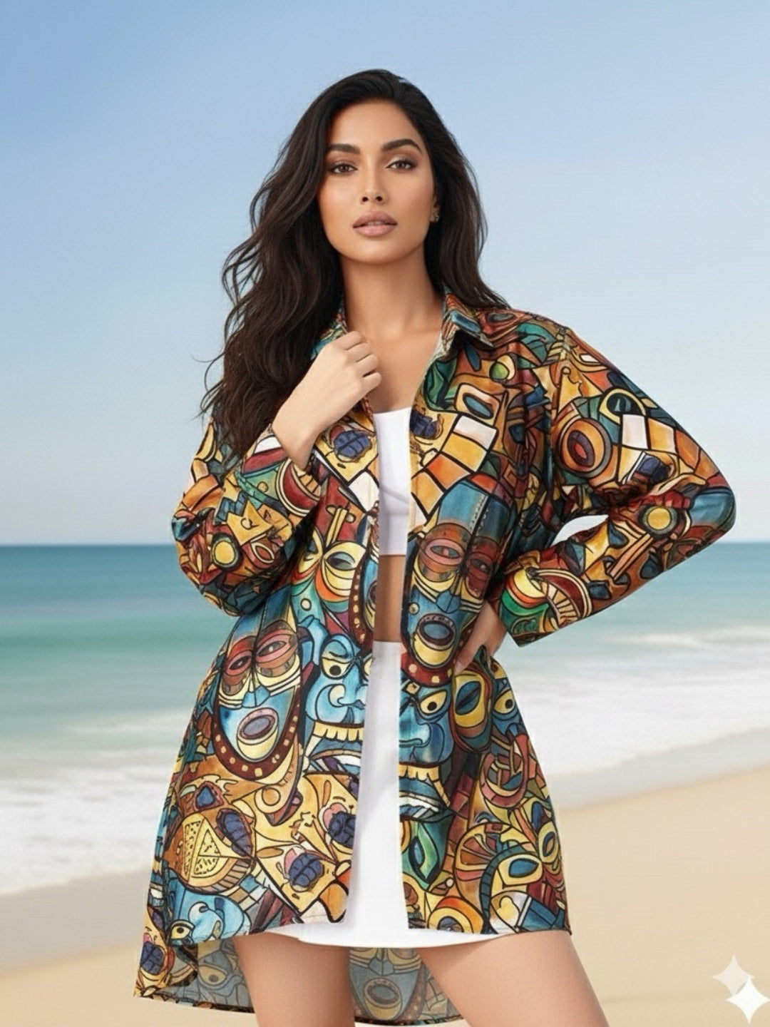 Tropical Face Printed Mango Silk short shirt