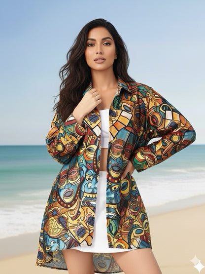 Tropical Face Printed Mango Silk short shirt