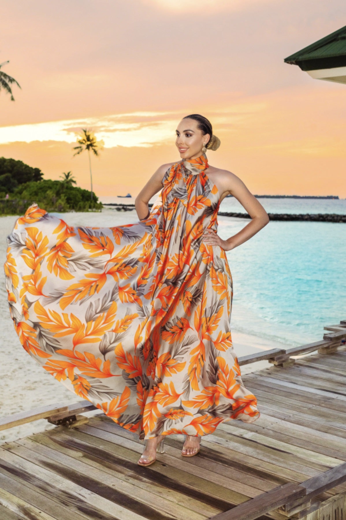 Tropical Sunset Halter Neck Maxi Dress