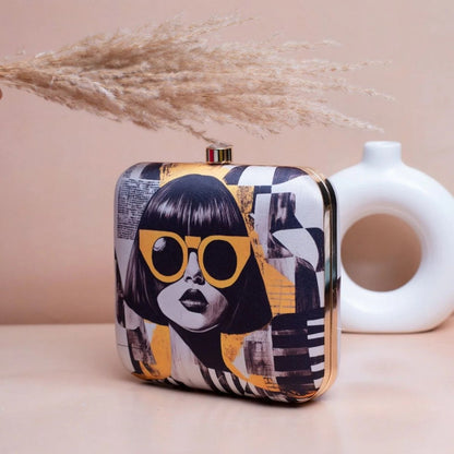 Modern Fashion Portrait Print Hard Case Clutch Bag with Gold Chain