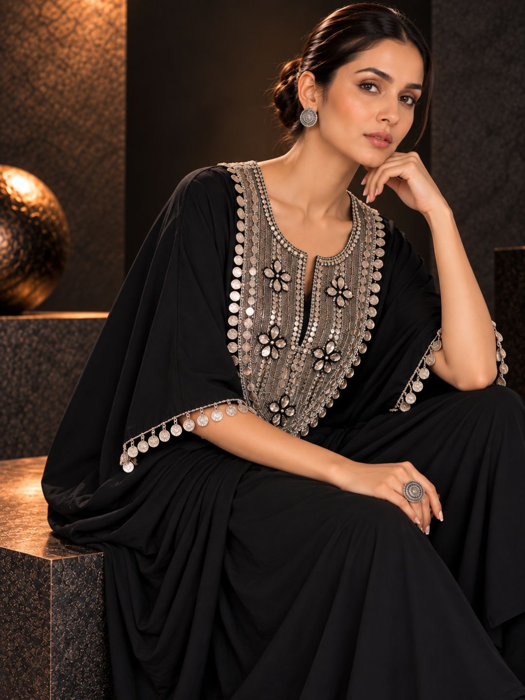 Black Embellished Kaftan Dress for Women | Coin Tassel Yoke Embroidered Maxi Kaftan – Festive &amp; Party Wear