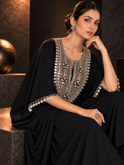 Black Embellished Kaftan Dress for Women | Coin Tassel Yoke Embroidered Maxi Kaftan – Festive &amp; Party Wear