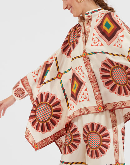 Ivory Retro Medallion Print Cape-Sleeve Co-Ord Set