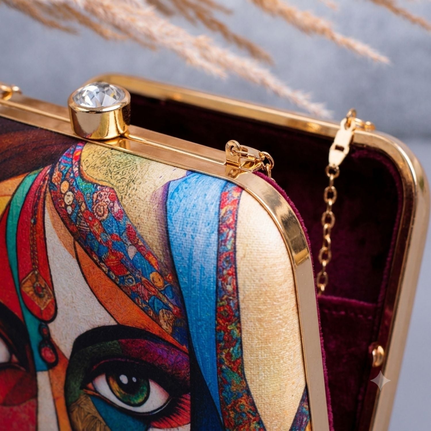 Abstract Art Print Hard Case Clutch Bag with Gold Chain