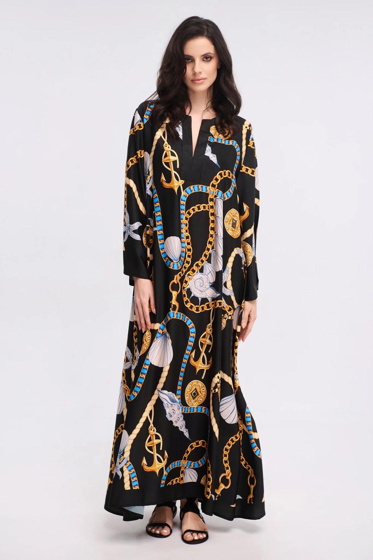 Black Nautical Chain Print Maxi Kaftan Dress