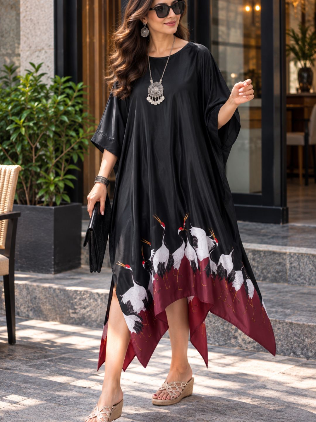 Black Crepe Crane Print Kaftan Dress for Women
