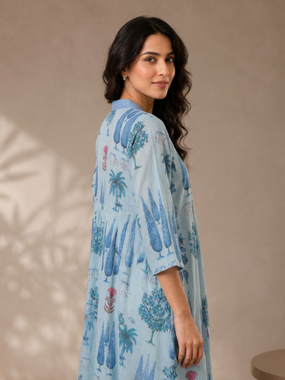 Sky Blue Scenic Printed Cotton Maxi Dress for Women