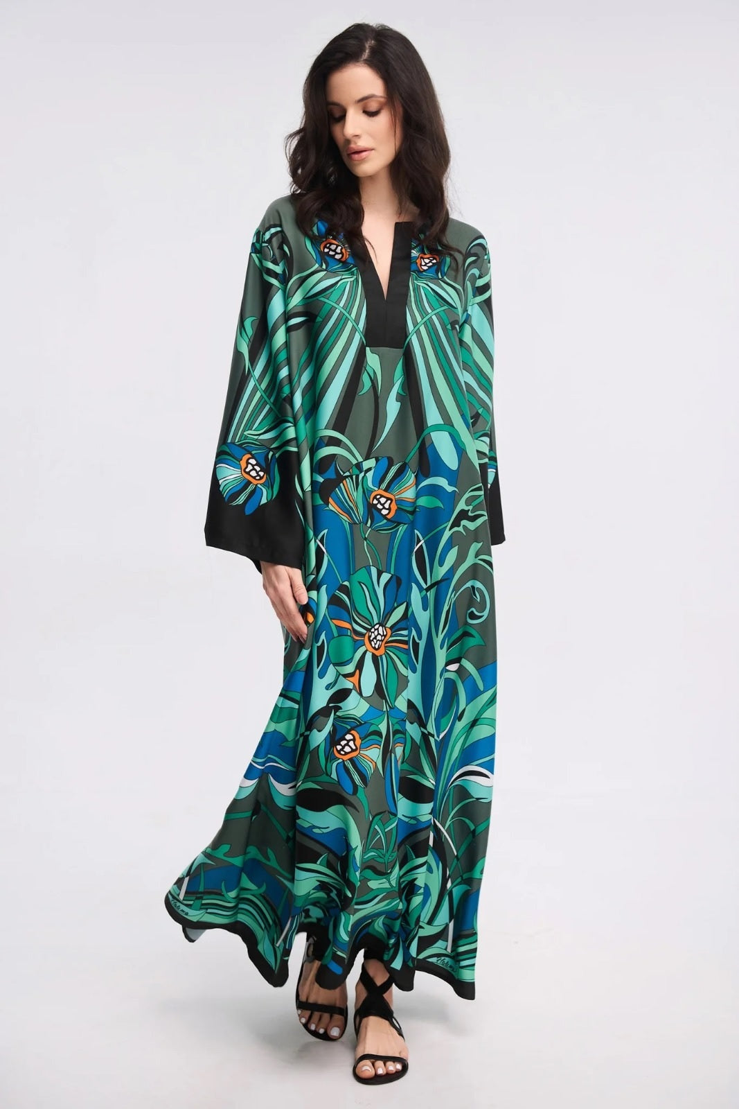 Tropical Floral Print Maxi Kaftan Dress – Green &amp; Blue V-Neck Flowy Gown