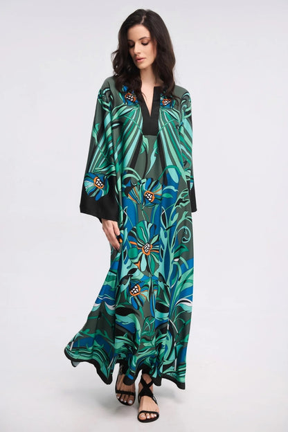 Tropical Floral Print Maxi Kaftan Dress – Green &amp; Blue V-Neck Flowy Gown