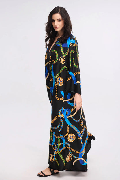 Black Chain &amp; Ribbon Print Maxi Kaftan Dress