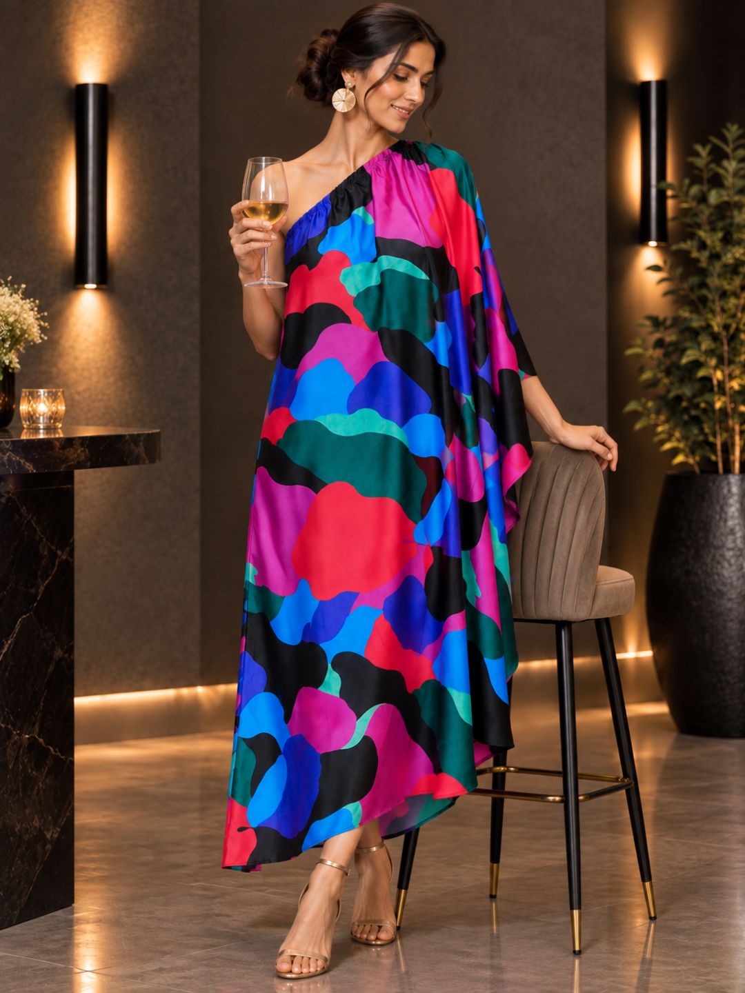 Multicolor Abstract Print Satin Silk Kaftan Dress with One-Shoulder Draped Design