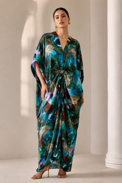 Emerald Bloom Printed Kaftan Maxi Dress with Ring Detail