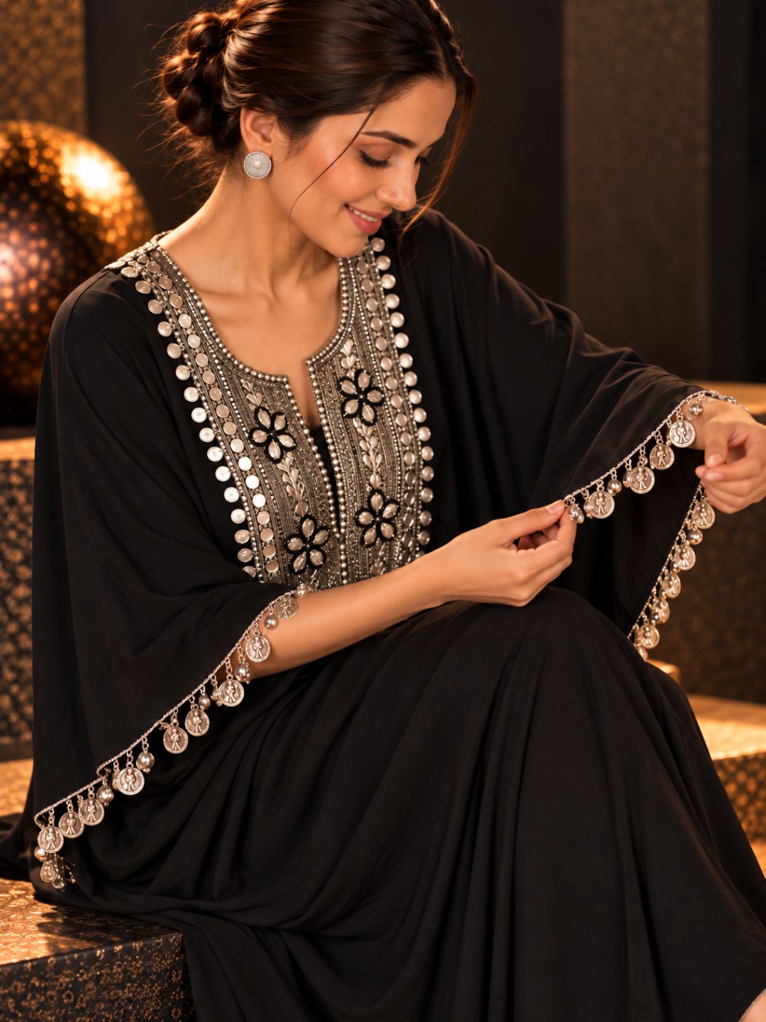 Black Embellished Kaftan Dress for Women | Coin Tassel Yoke Embroidered Maxi Kaftan – Festive &amp; Party Wear