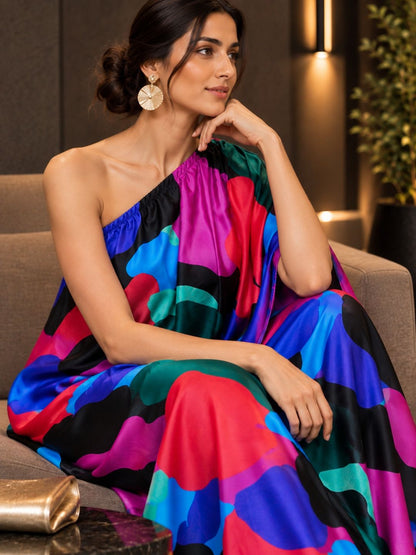 Multicolor Abstract Print Satin Silk Kaftan Dress with One-Shoulder Draped Design