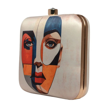Abstract Cubist Face Print Hard Case Clutch Bag with Gold Chain