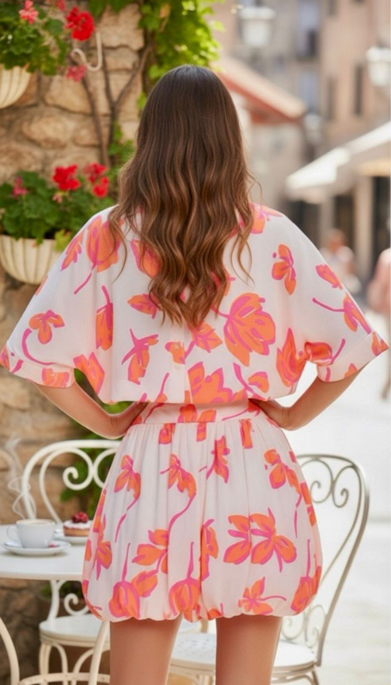 Floral Print Crop Shirt &amp; Balloon Skirt Set