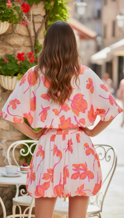 Floral Print Crop Shirt &amp; Balloon Skirt Set