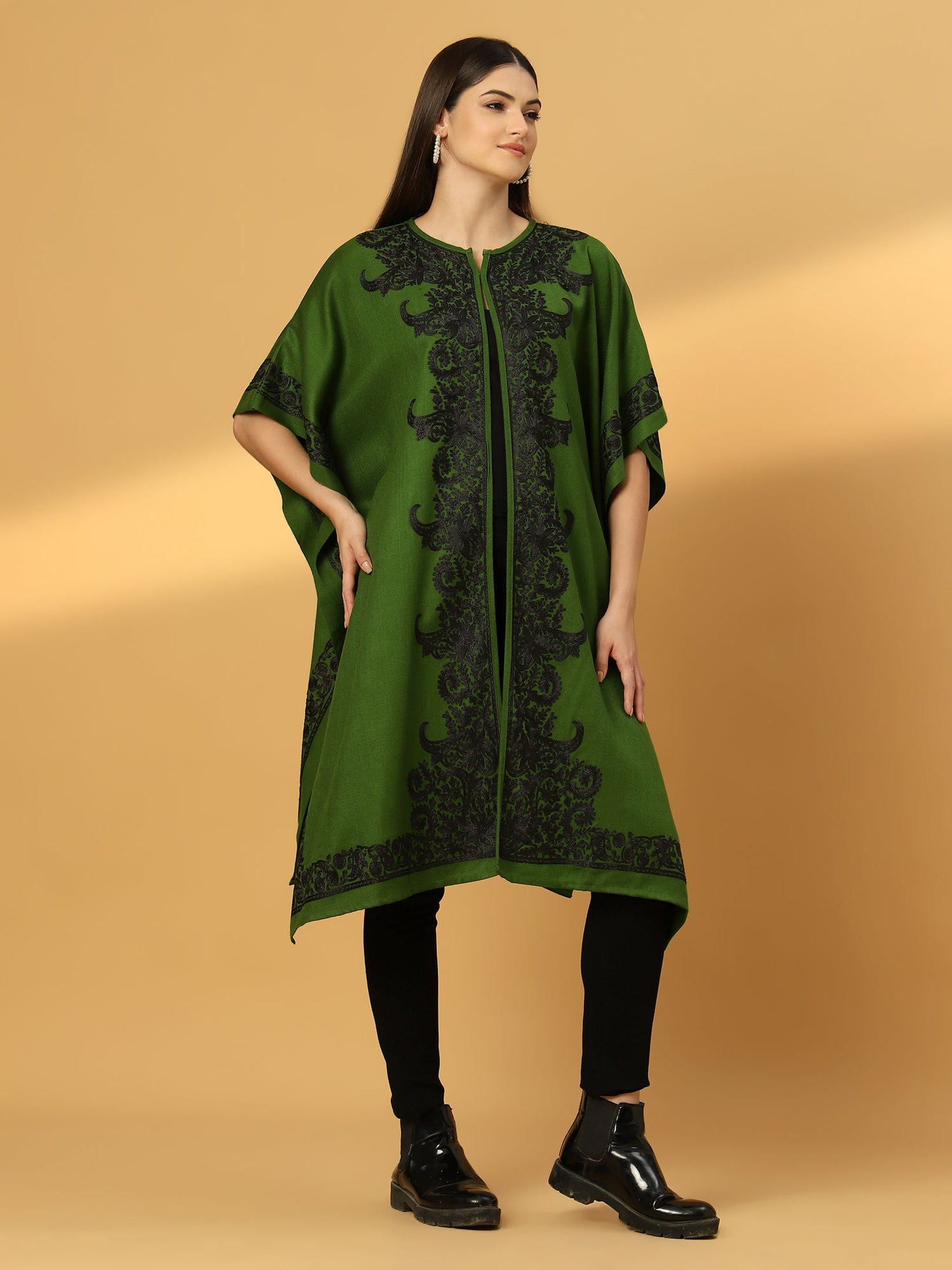 Floral Embroidery Green Pheran Shrug