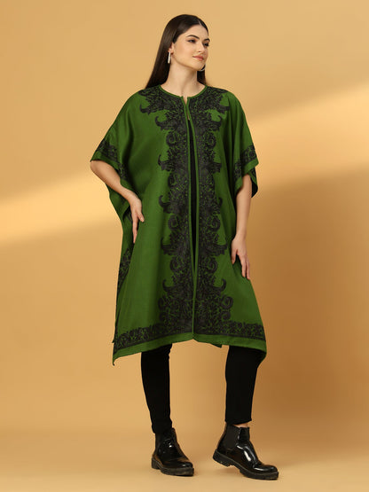 Floral Embroidery Green Pheran Shrug