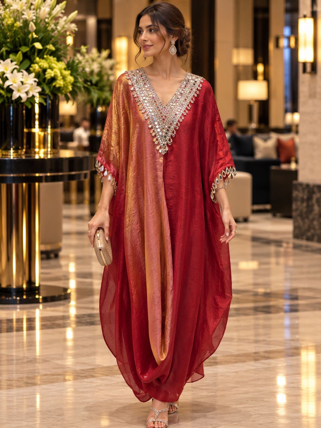 Red Ombré Space Silk Kaftan with Mirror Work V-Neck | Festive Draped Kaftan Dress for Women | Party &amp; Wedding Wear