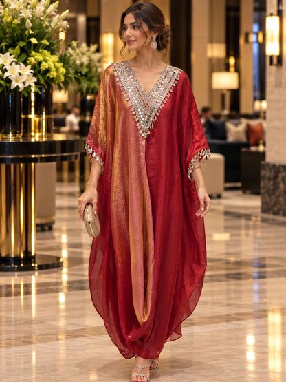 Red Ombré Space Silk Kaftan with Mirror Work V-Neck | Festive Draped Kaftan Dress for Women | Party &amp; Wedding Wear