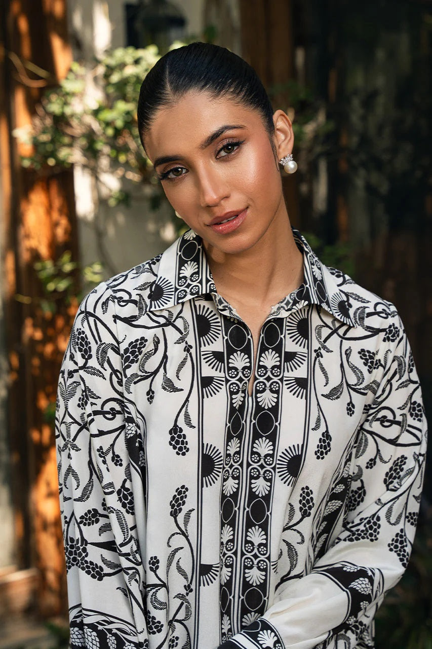 Monochrome Botanical Print Co-Ord Set – Collared Shirt &amp; Wide-Leg Pants