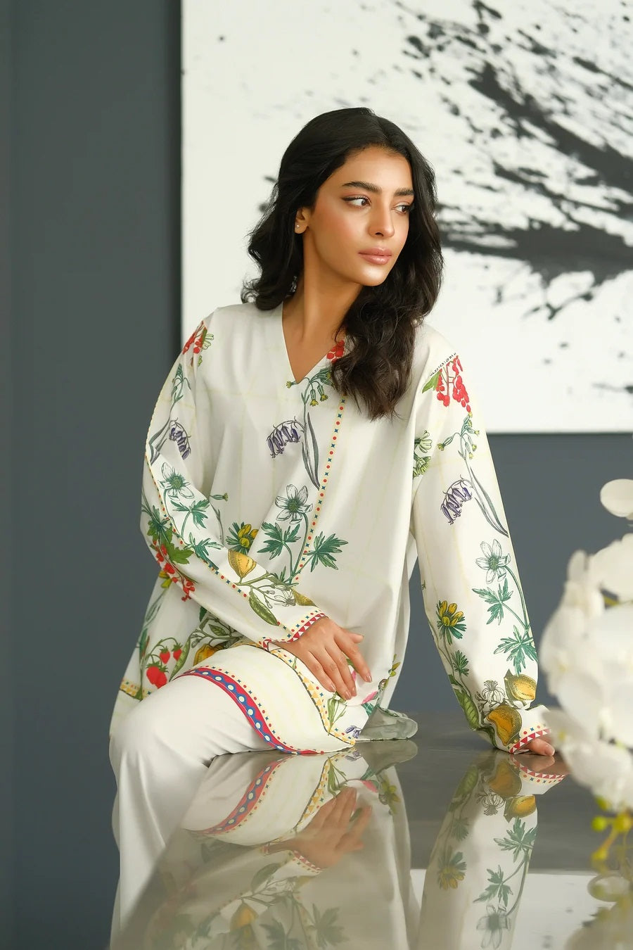 Ivory Botanical Print Tunic with Solid Flared Pants Co-Ord Set