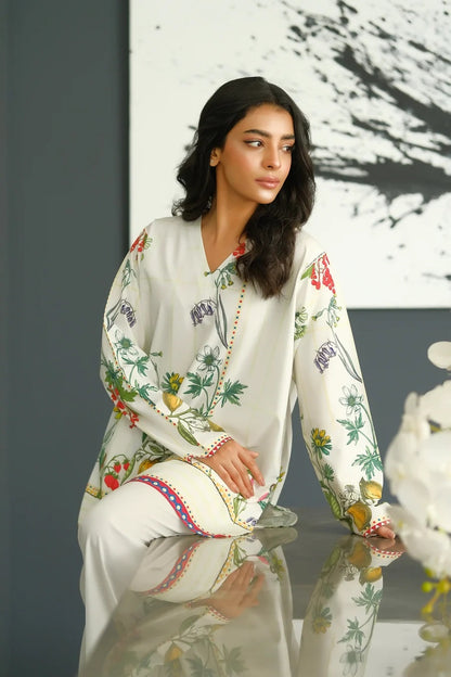 Ivory Botanical Print Tunic with Solid Flared Pants Co-Ord Set