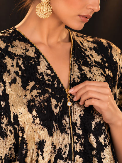 Black &amp; Gold Metallic Print Crinkle Kaftan Dress for Women