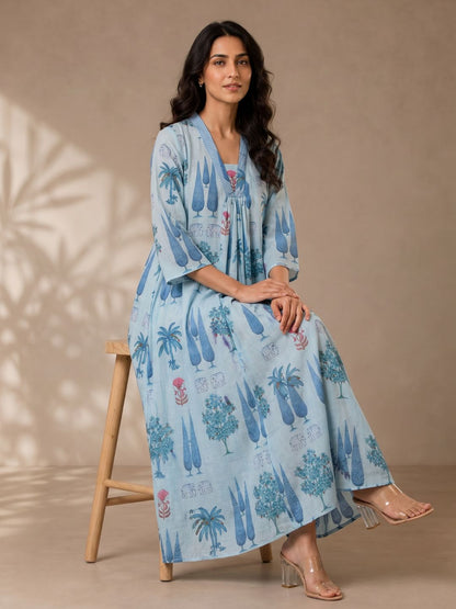 Sky Blue Scenic Printed Cotton Maxi Dress for Women