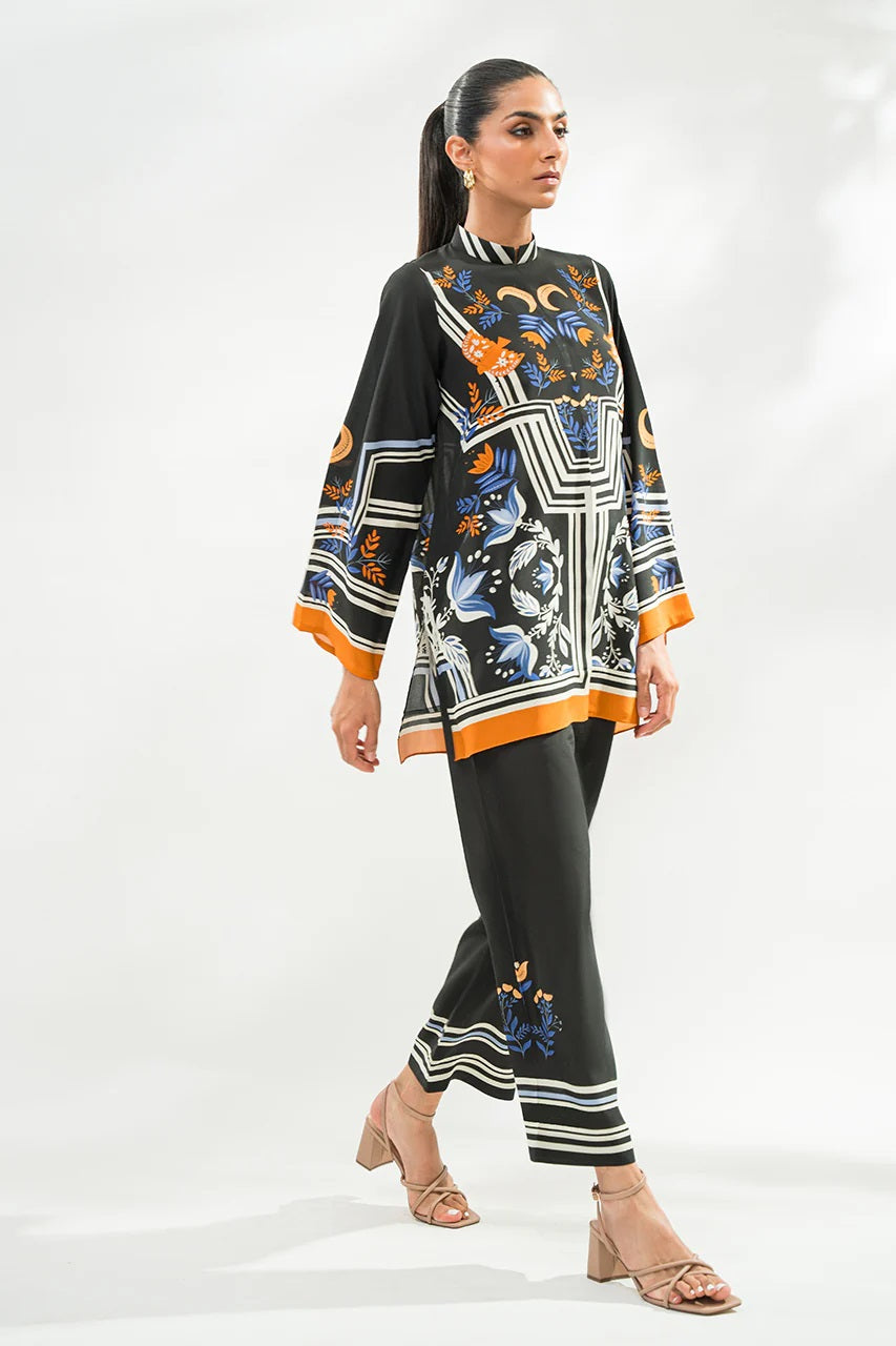 Black Floral Border Print Co-Ord Set – Mandarin Collar Tunic &amp; Straight Pants