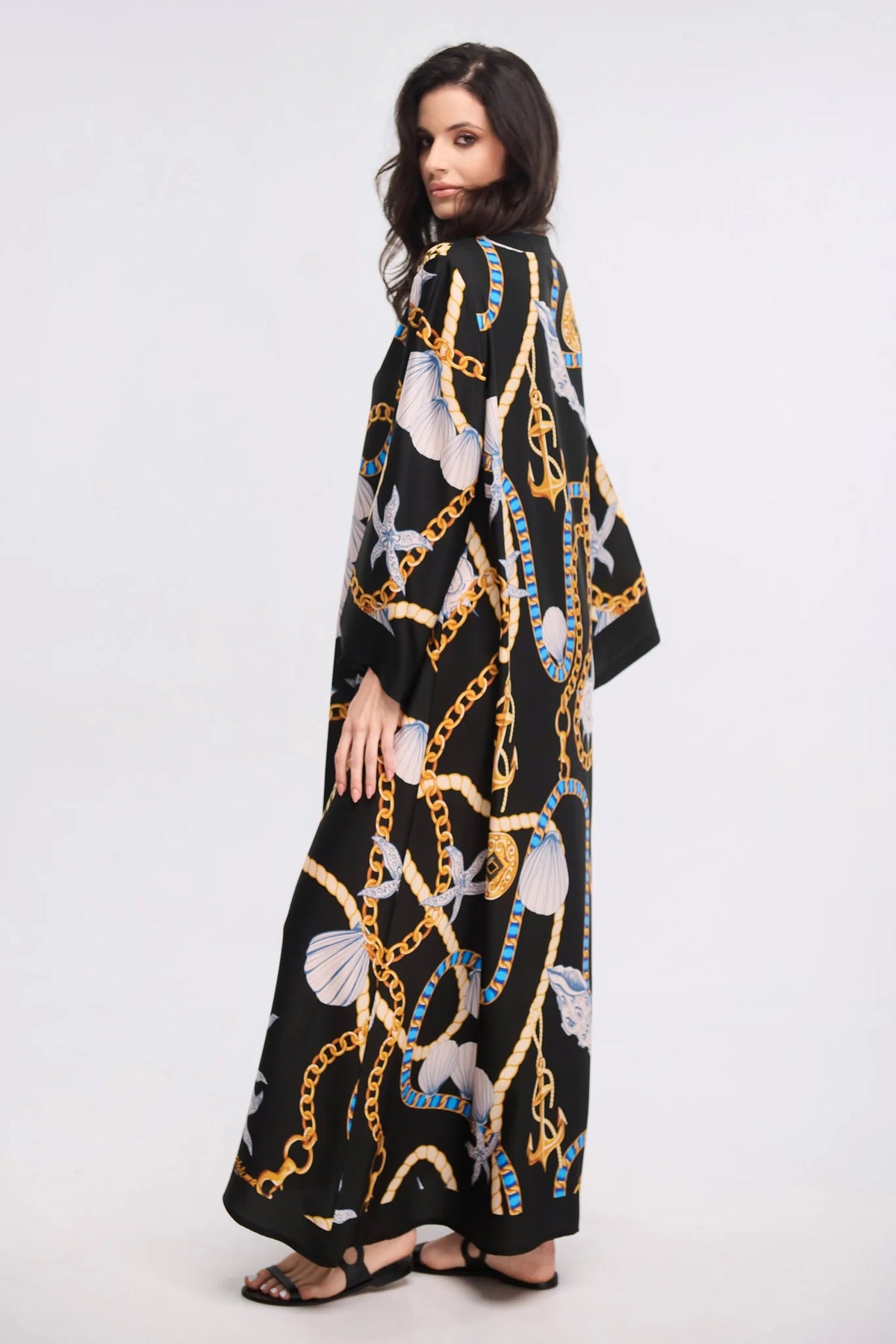 Black Nautical Chain Print Maxi Kaftan Dress