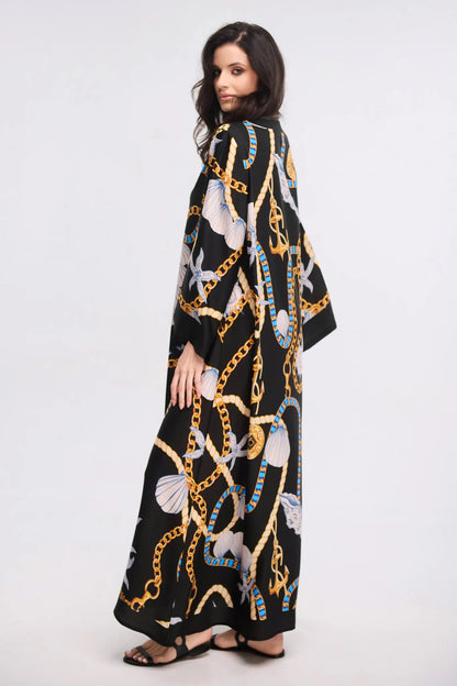 Black Nautical Chain Print Maxi Kaftan Dress