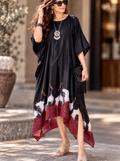 Black Crepe Crane Print Kaftan Dress for Women