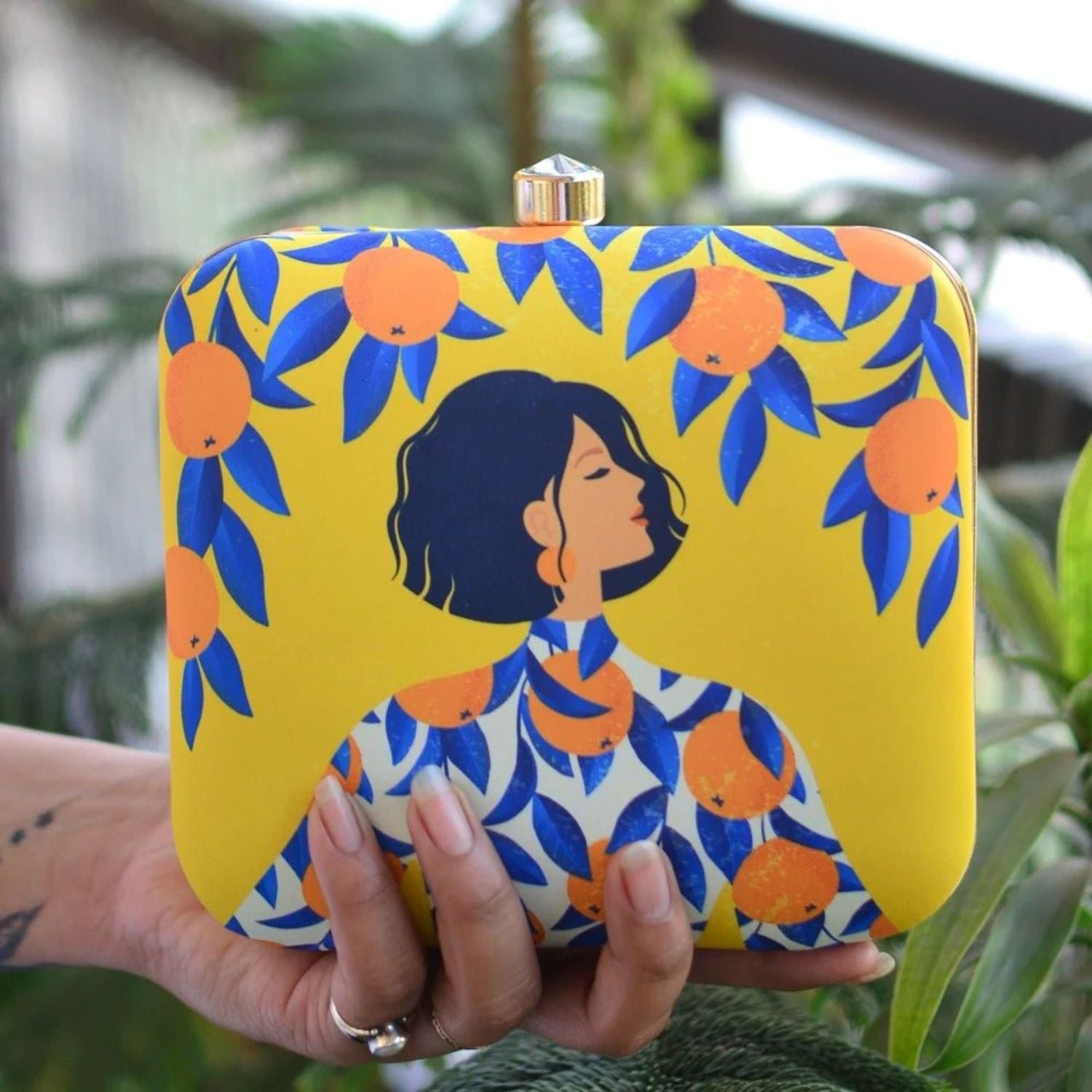 Citrus Bloom Art Print Hard Case Clutch Bag with Gold Chain