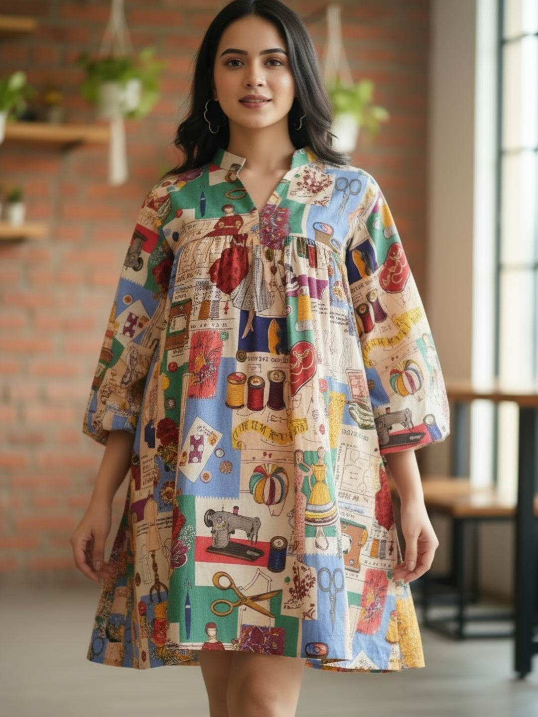 Boho Tailor Print Retro Studio Theme Bell Sleeve Mini Dress for Women - Chic V-Neck Loose Fit A-Line Short Dress with Unique Artistic Print