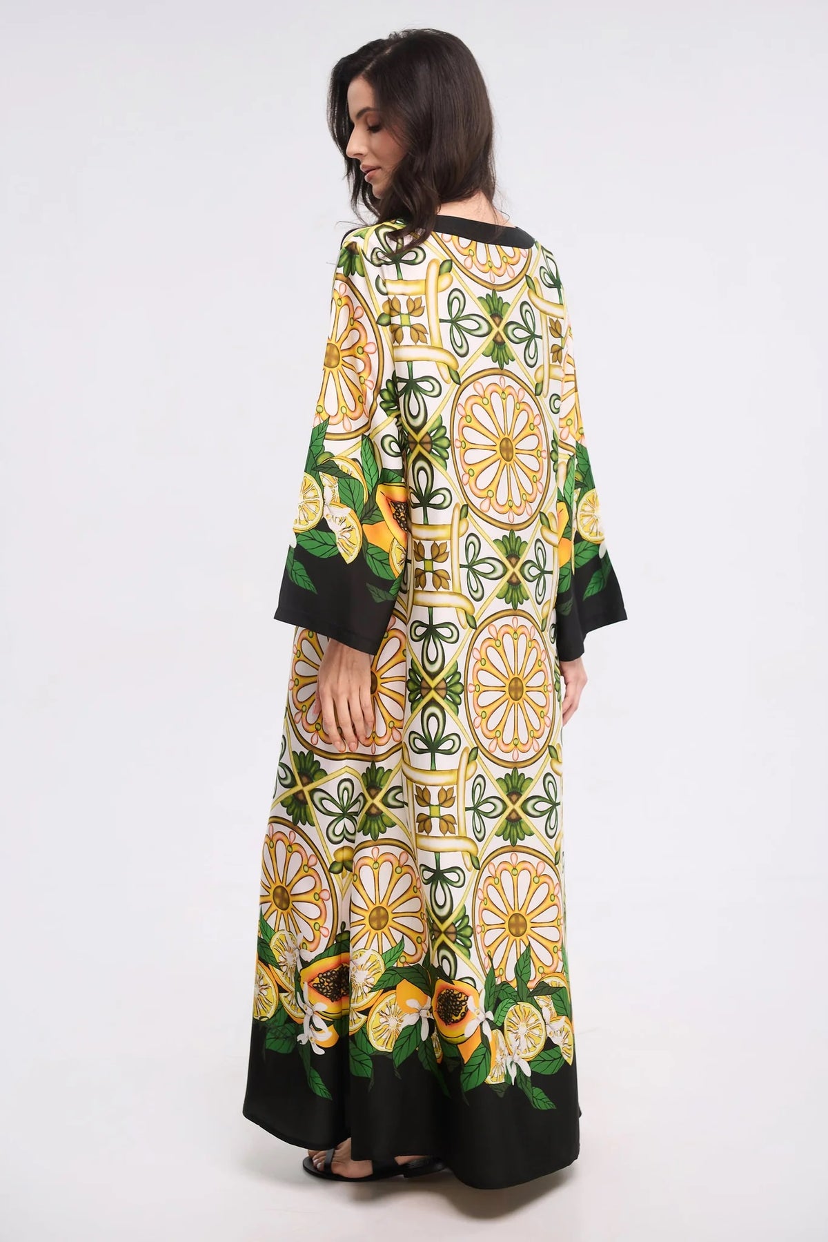Sicilian Mosaic &amp; Citrus Print Maxi Kaftan Dress – Ivory V-Neck Bell Sleeve Gown