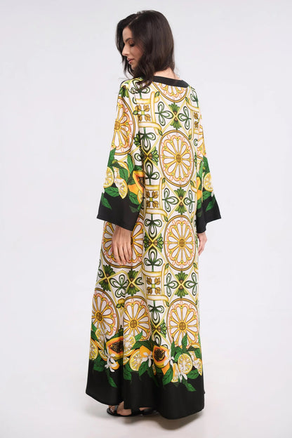 Sicilian Mosaic &amp; Citrus Print Maxi Kaftan Dress – Ivory V-Neck Bell Sleeve Gown