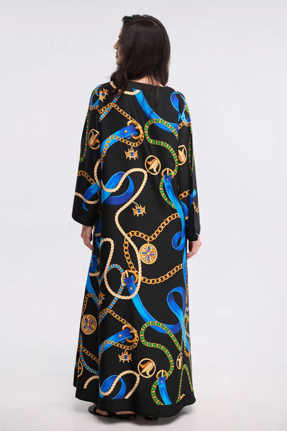 Black Chain &amp; Ribbon Print Maxi Kaftan Dress