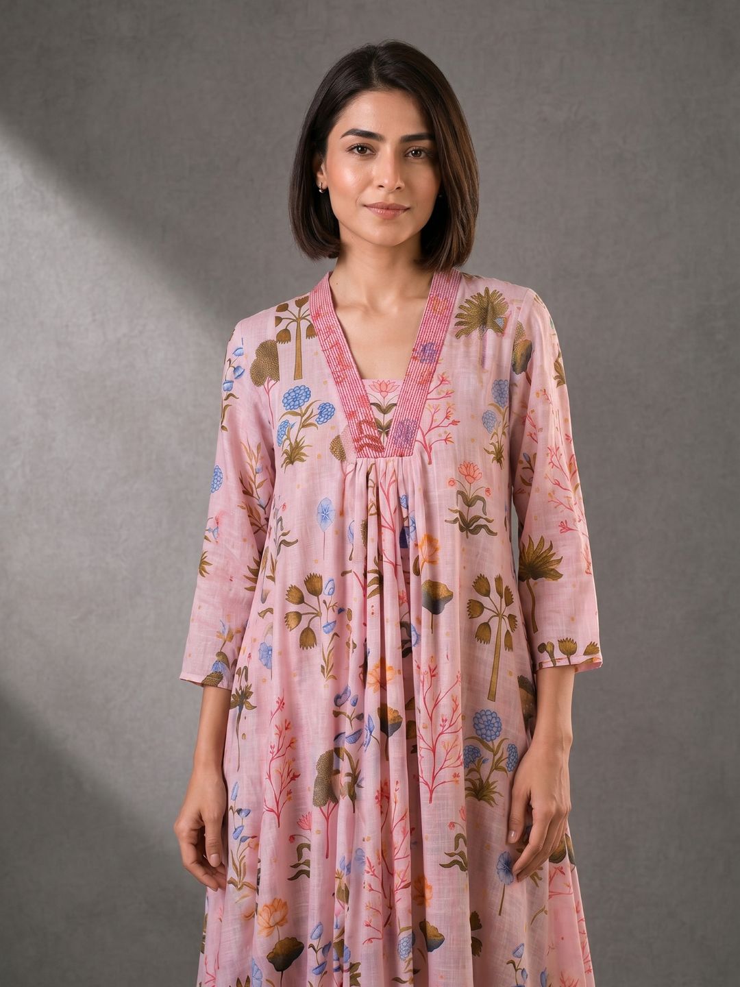 Blush Pink Floral Printed Cotton Maxi Dress for Women