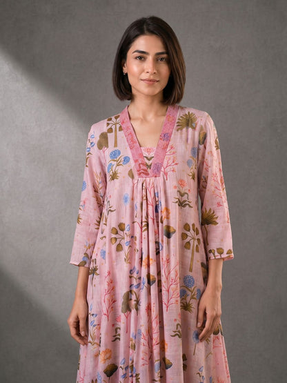 Blush Pink Floral Printed Cotton Maxi Dress for Women