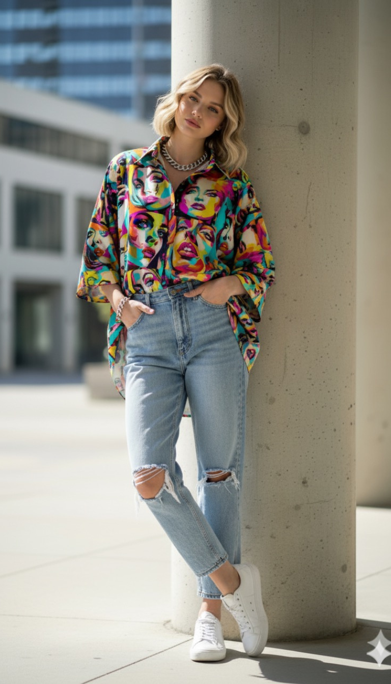 Pop Art Expression Oversized Shirt – Vibrant Faces Print
